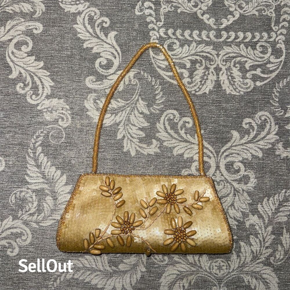 Vintage Bijoux Terner Beaded Clutch Tan Floral Cottagecore Handbag
